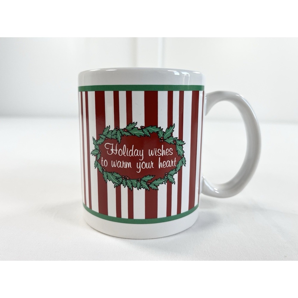Vintage Houston Harvest Christmas Holiday Coffee Mug Cup Red Striped Holly Berry